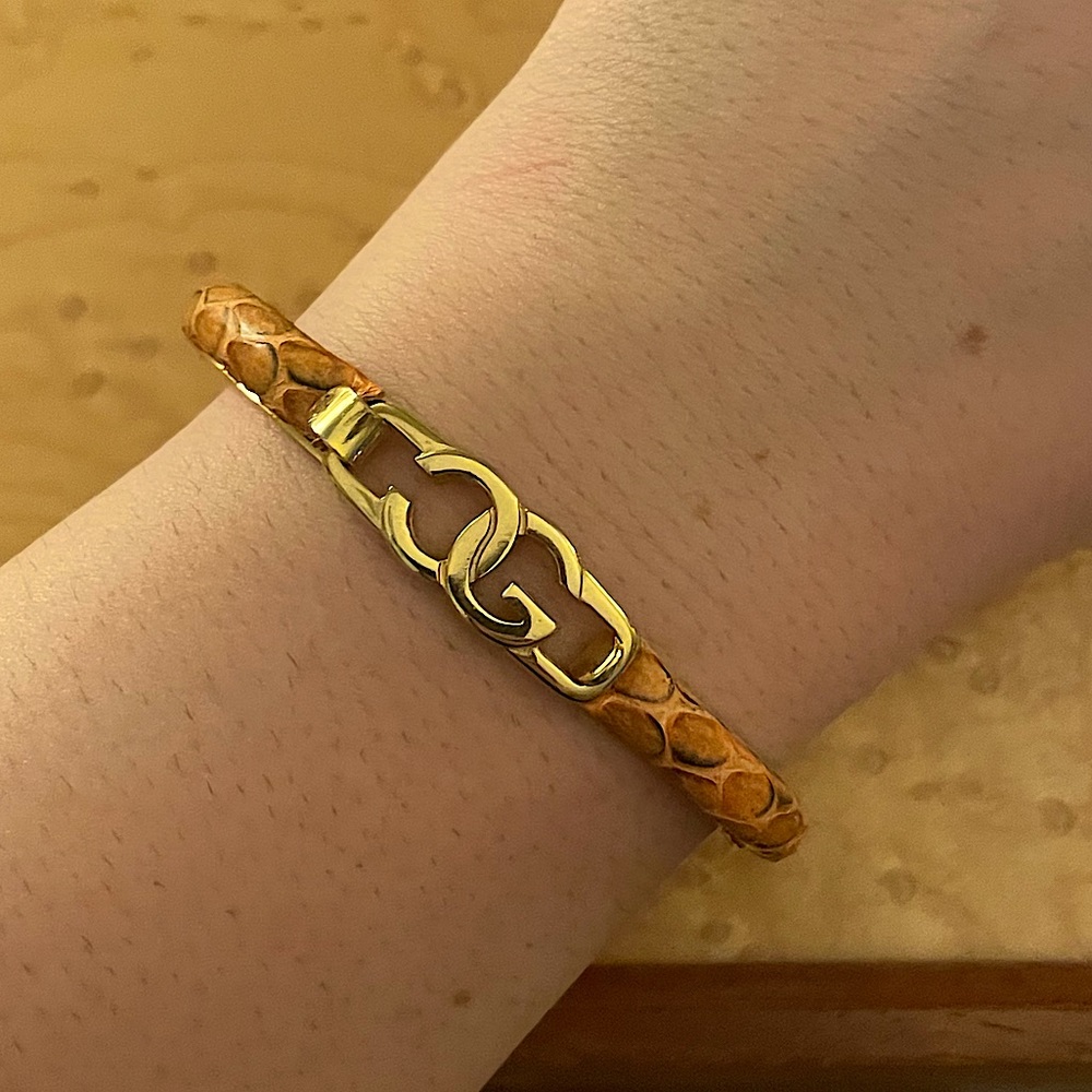 AUTHENTIC GUCCI VINTAGE FIRENZE BRACELET ORANGE SNAKESKIN PRINT - GOLD PLATED